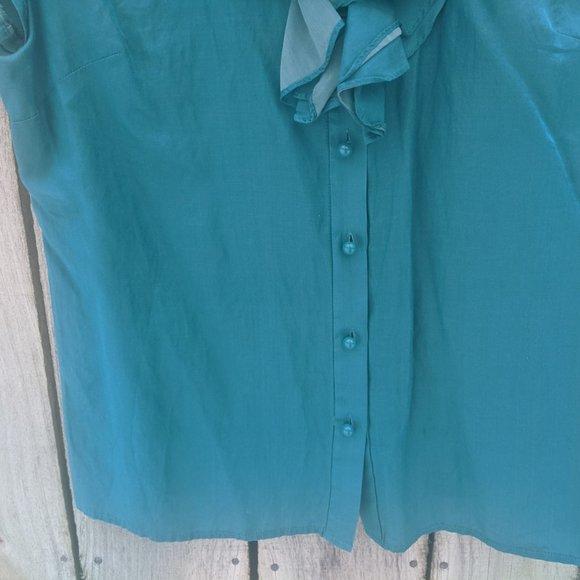 Talbots Teal Ruffle Neck Cotton/Silk Blouse - Sz 8 - Picture 4 of 12